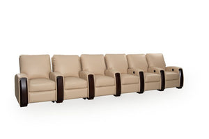 HT DESIGN LINCOLNSHIRE HOME THEATER SEATING WITH MAHOGANY WOOD POP OUT CUPHOLDERS IN BONE